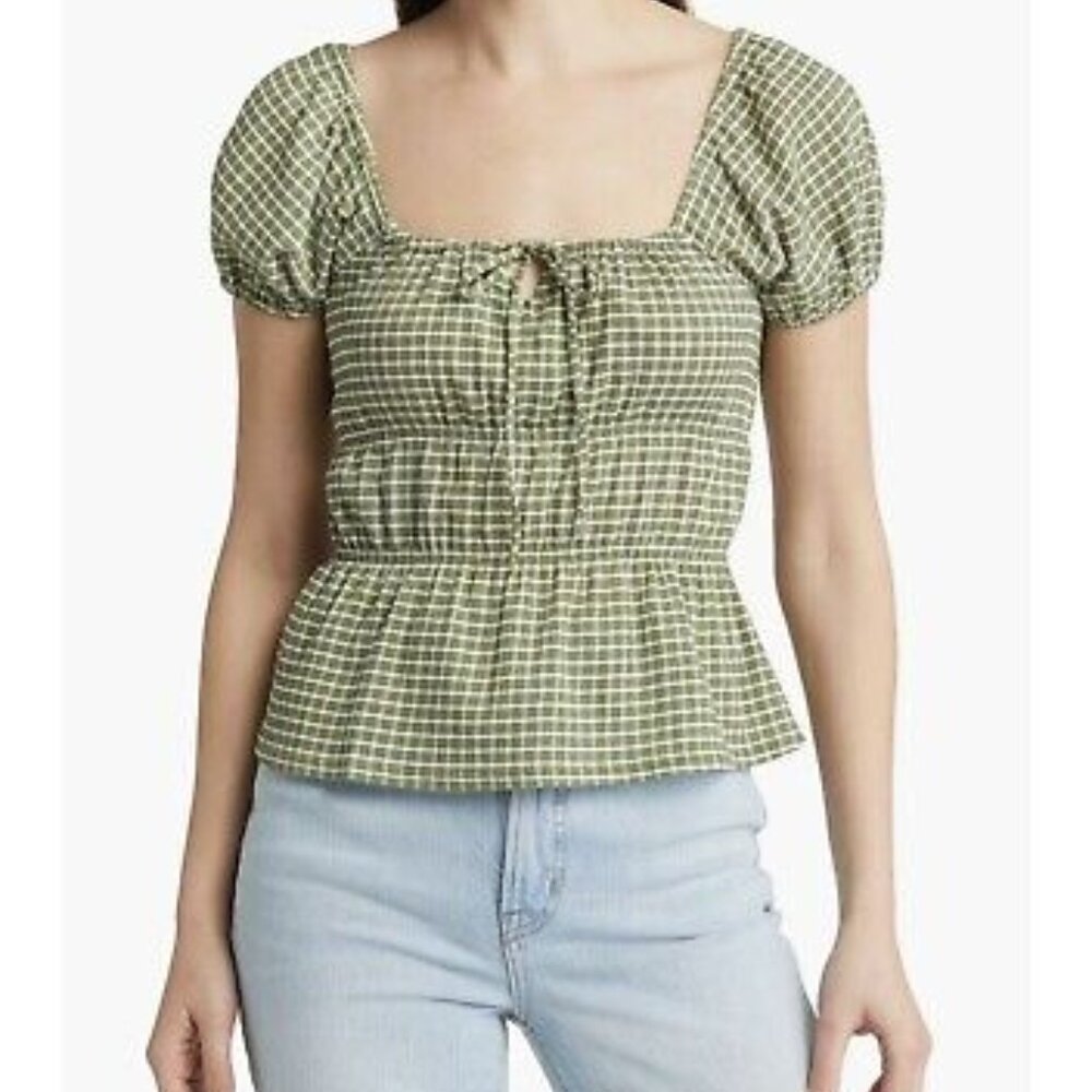 Madewell // Green Gingham Square Neck Omaha Top M
